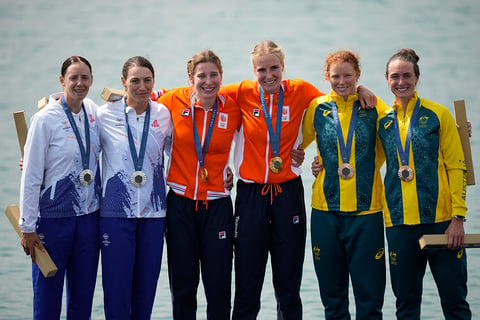 Women's pair rowing final: Romania's Roxana Anghel and Ioana Vrinceanu (Silver), Netherland's Ymkje Clevering and Veronique Meester (Gold) and Australia's Jess Morrison and Annabelle McIntyre (Bronze)